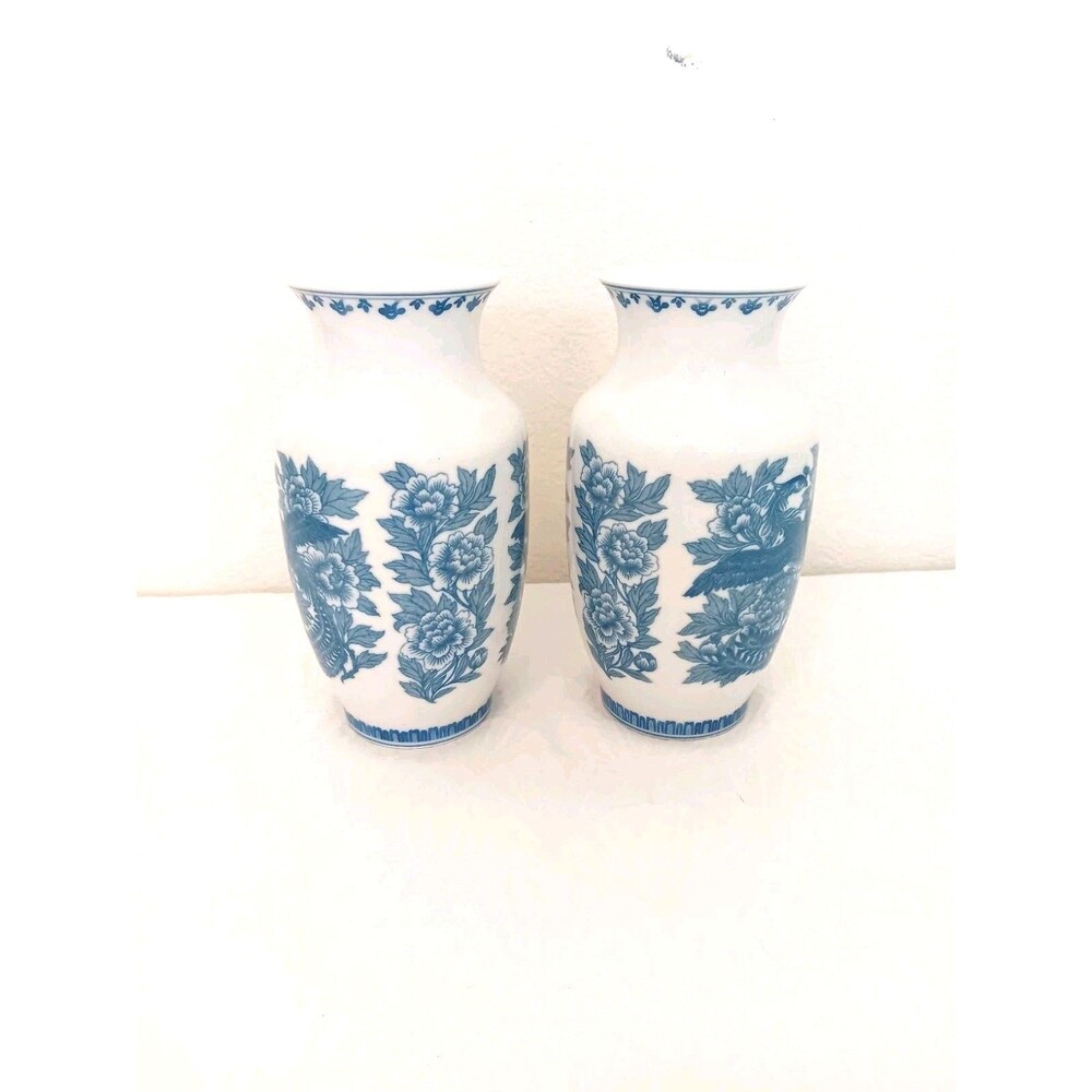 Vintage Pair Liling China Blue White Phoenix Floral Porcelain Vases 8.5"